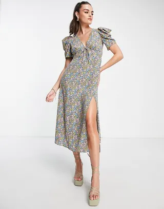 ASOS DESIGN puff sleeve midi tea dress in multicolored floral print