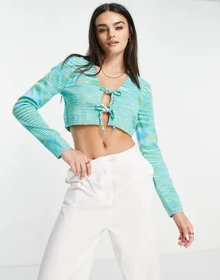 NA-KD X Miss Lisibell tie front long sleeve top in green tie die
