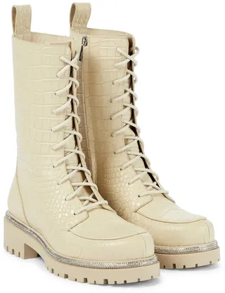 Croc-effect leather combat boots