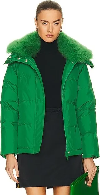 Yves Salomon Belted Hooded Down Removable Collar Jacket in Green