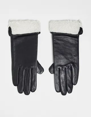ASOS DESIGN leather gloves with touch screen with borg cuff in black