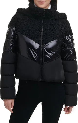 Mixed Media Hooded Puffer Jacket