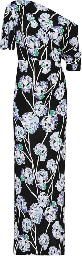 Long patterned dress with short sleeves and dropped shoulders High waist cut Draped on the side Colour: black