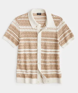 Open-Knit Stripe Full-Placket Polo in Desert Beige