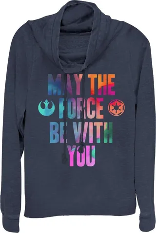 Junior's Star Wars Watercolor Force Be With You Cowl Neck Sweatshirt - Navy Blue - X Small
