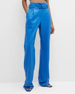Faux Leather Belted Wide-Leg Pants