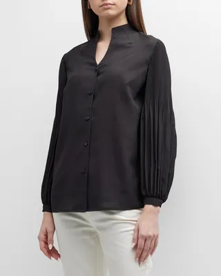 Pleated-Sleeve Split-Neck Blouse