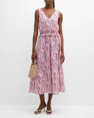 Tiered Botanical-Print Linen Midi Dress