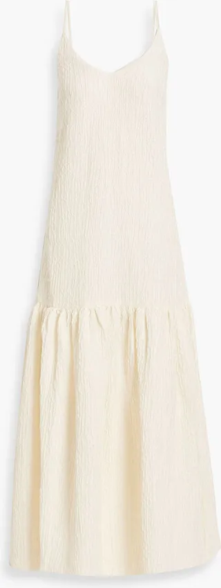Gathered linen-blend cloqué maxi dress