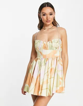 ASOS DESIGN cotton structured prom mini dress with corset detail in swirl print