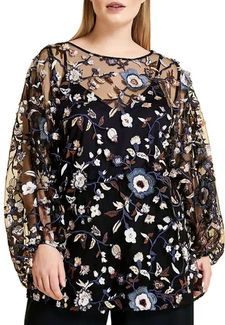 Fonte Floral-Embroidered Tulle Puff-Sleeve Tunic