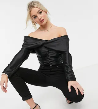 ASOS DESIGN Petite satin off the shoulder top with drape detail in black