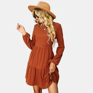 Women's Long Sleeve Ribbed Tiered Mini Dress - Cupshe-M-Orange