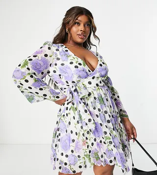 ASOS DESIGN Curve textured pleated wrap mini dress in floral spot