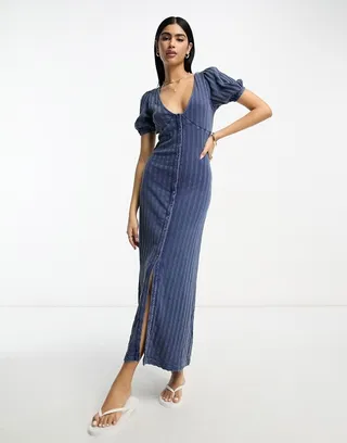 ASOS DESIGN button front midi tea dress in washed blue