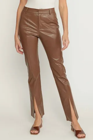 Faux Leather Split Hem Pant in Brown