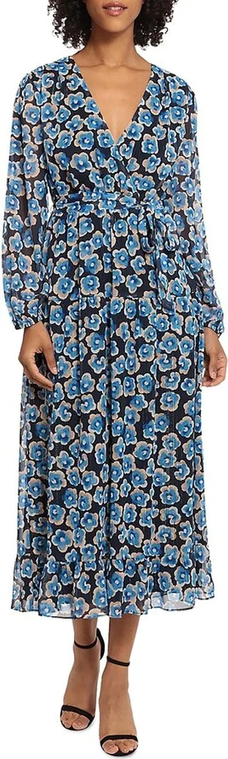 Floral Surplice Neckline Midi Wrap Dress