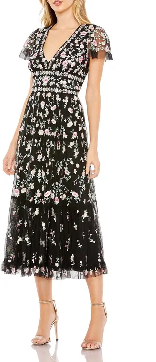 Embroidered Flutter Sleeve Midi Dress