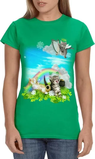 St. Patrick's Day Womens Shirt Green Irish Rainbow Angel Kittens Tee Medium Green