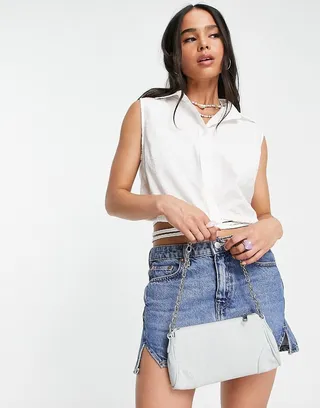 Weekday sleeveless open back wrap tie shirt in white