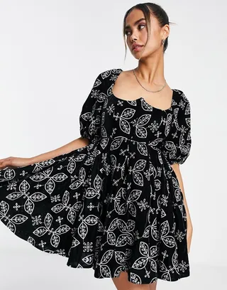 ASOS DESIGN soft mini dress in velvet eyelet with contrast embroidery in black