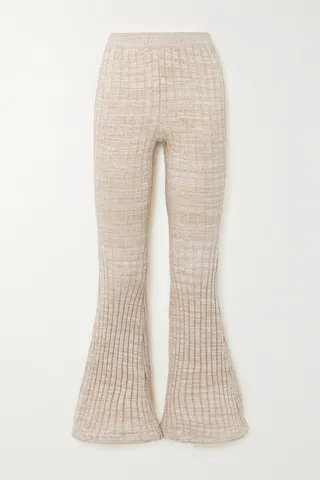 Rowen Rose - Wavy Cropped Ribbed Cotton Flared Pants - Neutrals