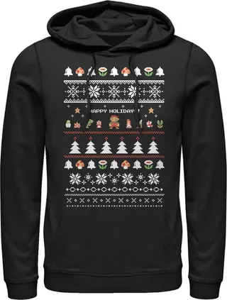 Men's Nintendo Ugly Christmas Super Mario Characters Group Pull Over Hoodie - Black - Large