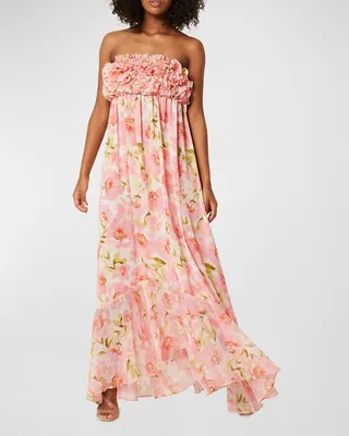 Eden Rosette Strapless Floral Chiffon Maxi Dress