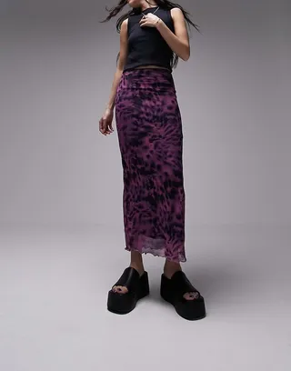 Topshop mesh animal blurred printed midi skirt in purple