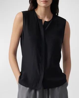 Silk Grosgrain Sleeveless Button-Front Top