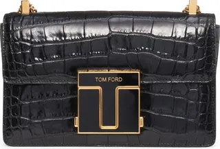Logo Clasp Croc Embossed Leather Shoulder Bag