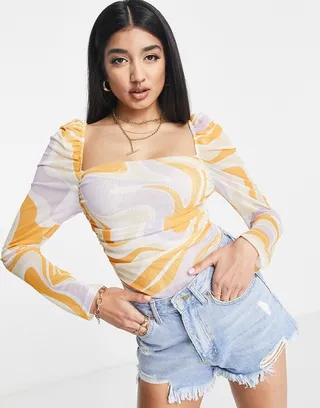 ASOS DESIGN mesh long sleeve ruched bodysuit in orange swirl - MULTI