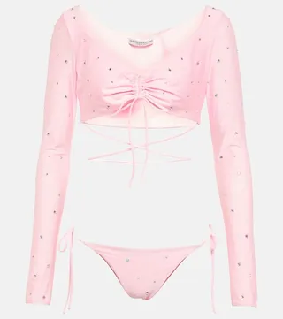 Crystal-embellished ruched bikini