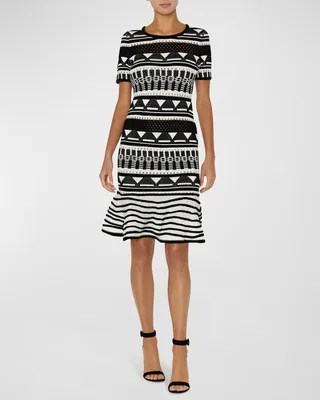 Geo Jacquard Knit Flounce Midi Dress