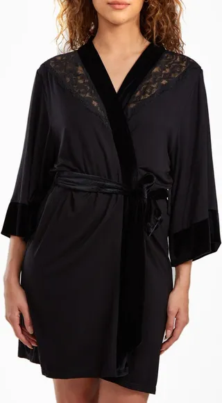 iCollection Women's Layna Velore and Velvet-Textured Lace Trimmed Self Tie Robe