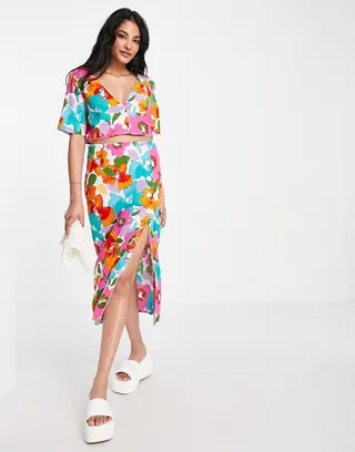 ASOS DESIGN button side midi skirt in bright floral print - part of a set