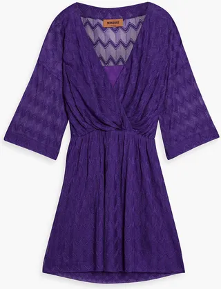 Wrap-effect crochet-knit silk-blend mini dress