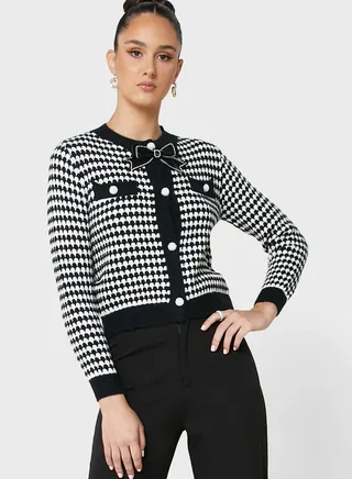 Houndstooth Cardigan With Bow