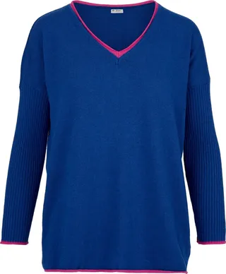 At Last... - Cashmere Mix Sweater In Royal Blue With Hot Pink V-Neck