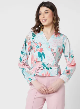 Asymmetric Front Printed Blouse