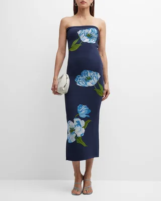 Strapless Floral Knit Midi Dress