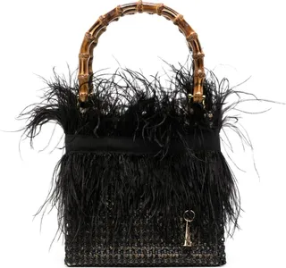 Feather-Detail Bamboo-Handles Tote Bag