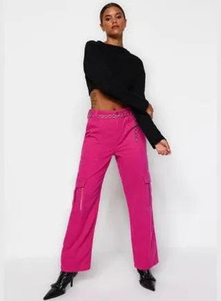 Pink Pocket Detailed High Waist Wide Leg Jeans TWOAW24JE00243