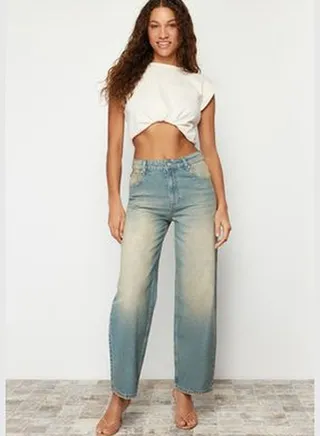 Blue Faded Wash Effect Vintage High Waist Wide Leg Jeans TWOSS24JE00156