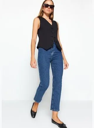 Dark Blue High Waist Comfort Straight Jeans TWOAW24JE00097
