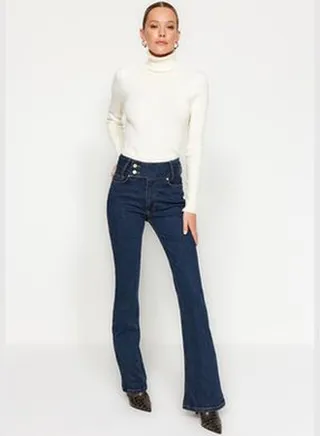 Dark Blue Waist Detail High Waist Flare Jeans TWOAW24JE00285