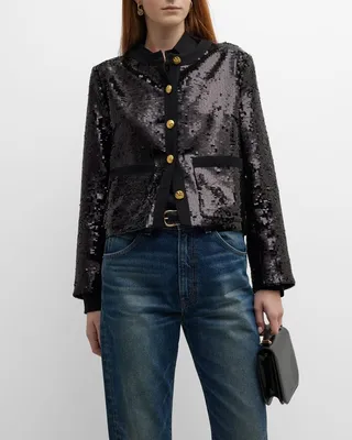 Katherine Button-Front Sequin Short Jacket