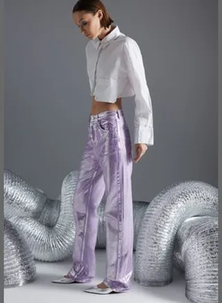 Lilac Shiny Metallic Print High Waist Wide Leg Jeans TWOAW24JE00222