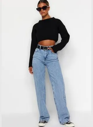 Light Blue High Waist Wide Leg Jeans TWOAW24JE00074