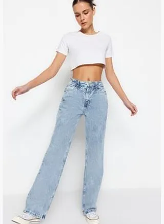 Blue Waist Detailed High Waist Wide Leg Jeans TWOSS21JE0385